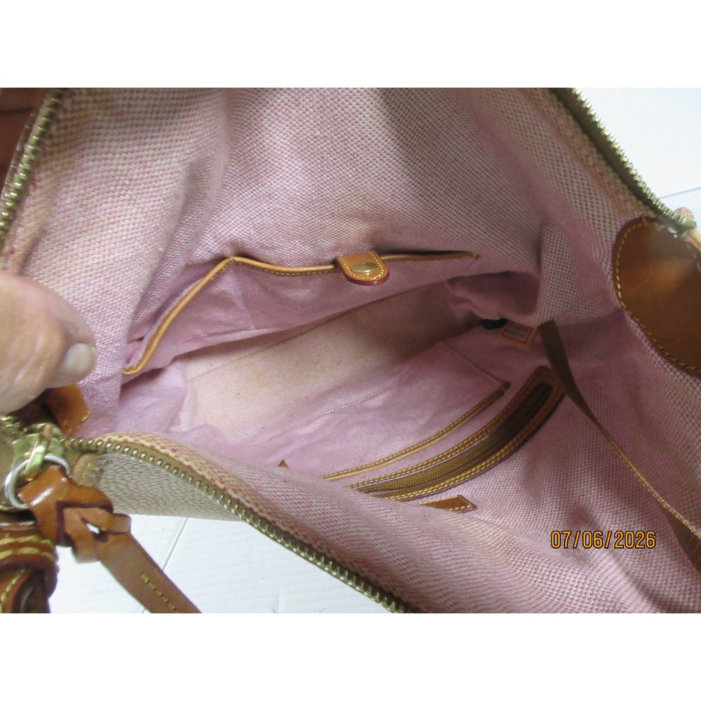 Dooney & Bourke Tan Pebbled Leather Hobo Shoulder Bag with Pink Gingham Lining - Picture 7 of 14